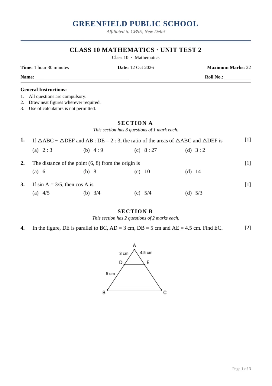 A Class 10 Mathematics unit test made with TestGen, with sections, marks and a figure